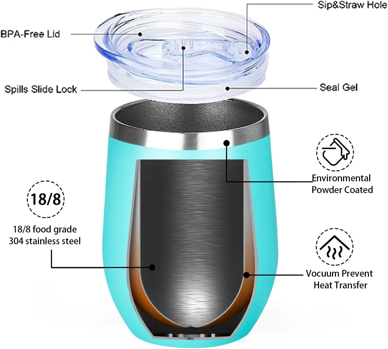 12 Oz Insulated Wine Tumbler with Lid Double Wall Vacuum Stainless Steel Wine Glass Coffee Mug Insulated Tumbler Cup for Champaign, Cocktail, Beer (Multi, 6 Pack)