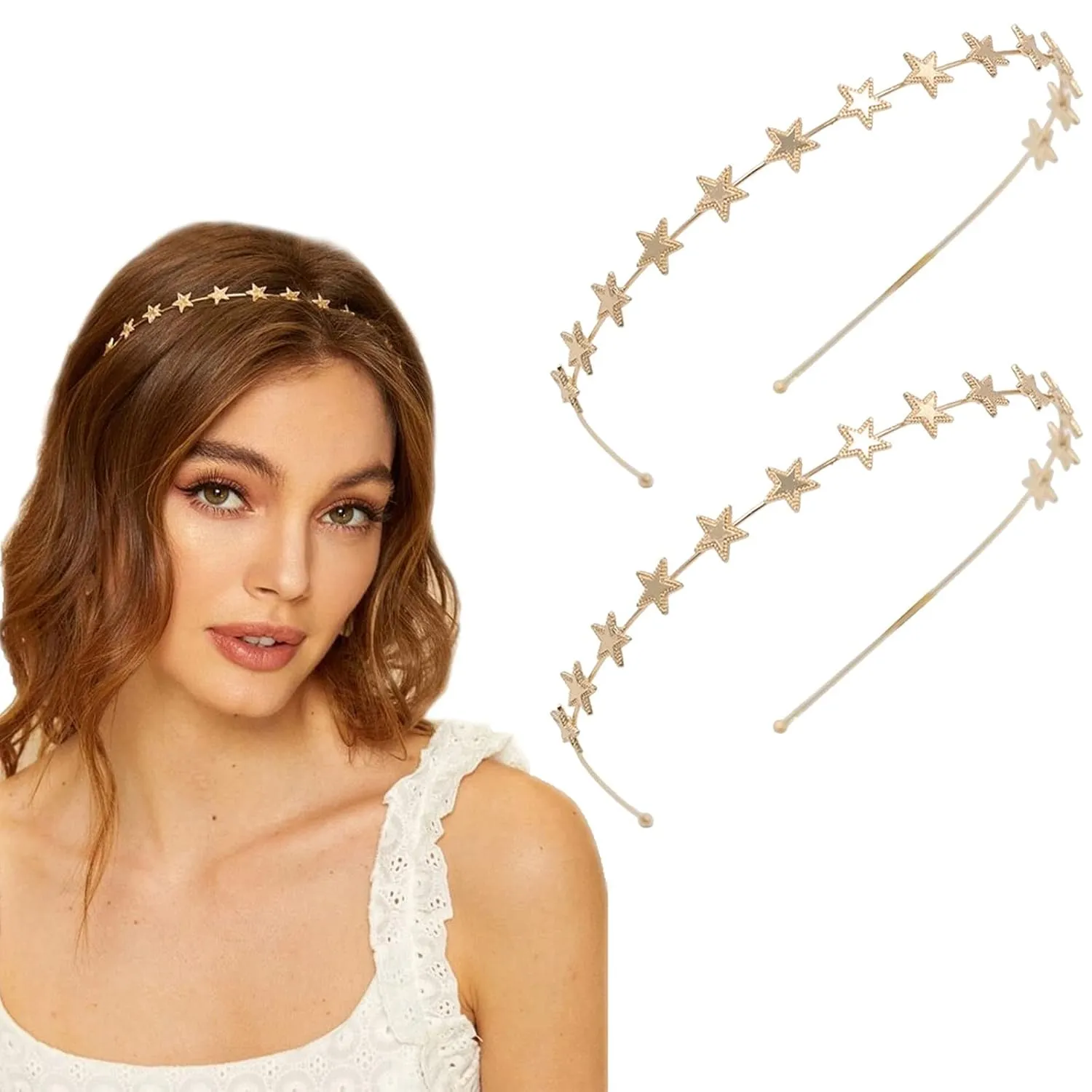 Aswewamt 2 PACK Alloy Five-pointed Star Headbands Bridal Hair Hoop Wedding Hair Accessories Ornaments for Elegant Women Girls (Gold)