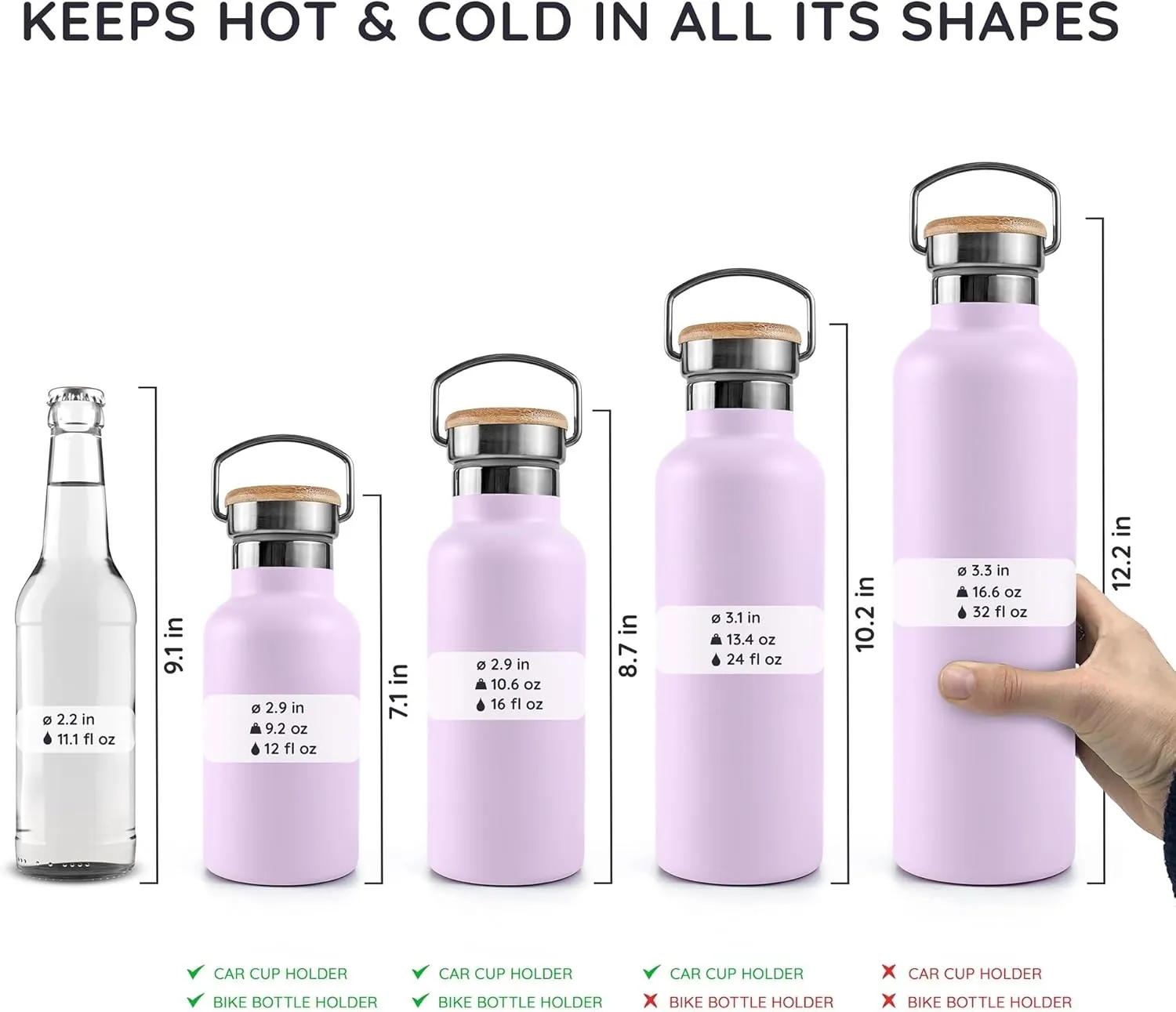 Bambaw 12 oz Insulated Water Bottle, Lavender Water Bottle for School, Reusable Water Bottle Stainless Steel, Thermo Water Bottle, Stainless Steel Water Bottle  Lavender Haze