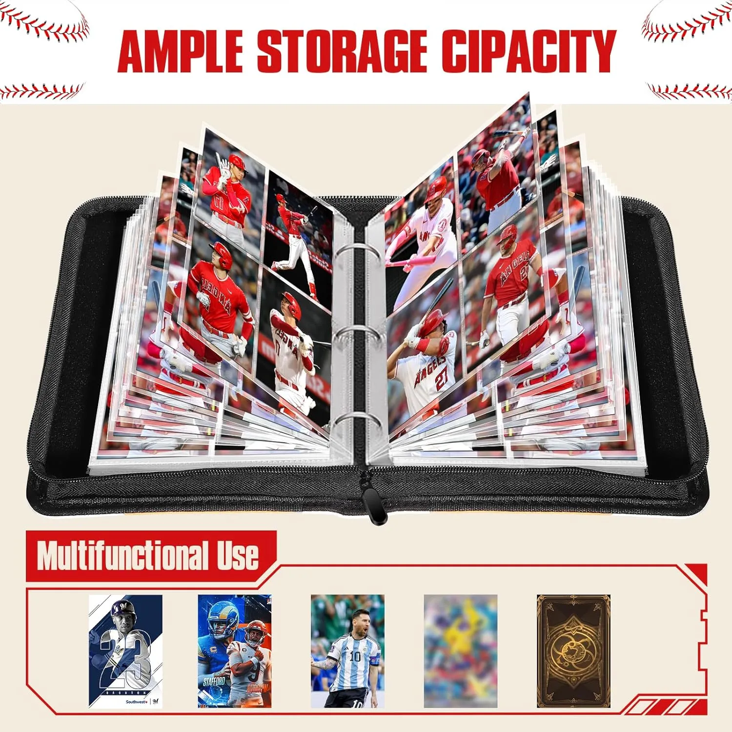 Baseball Card Binder 4 Pocket Gifts for Boys Girls, Waterproof 400 Pockets Card Holder Album with 50 Removable Sleeves for Trading Card - Binder Display Storage Carrying Case for Baseball Cards