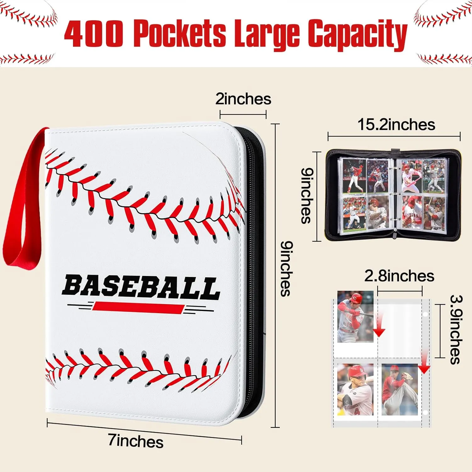 Baseball Card Binder 4 Pocket Gifts for Boys Girls, Waterproof 400 Pockets Card Holder Album with 50 Removable Sleeves for Trading Card - Binder Display Storage Carrying Case for Baseball Cards