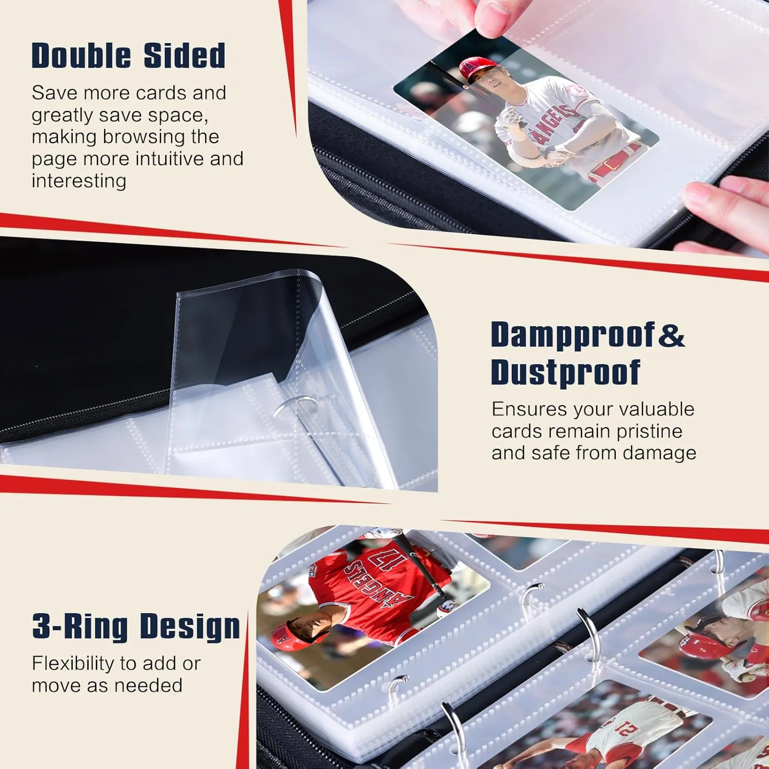 Baseball Card Binder 4 Pocket Gifts for Boys Girls, Waterproof 400 Pockets Card Holder Album with 50 Removable Sleeves for Trading Card - Binder Display Storage Carrying Case for Baseball Cards