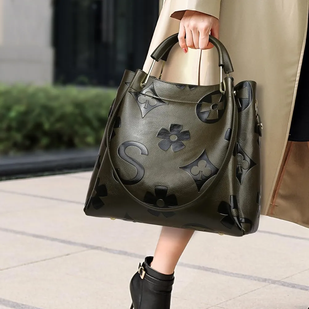 Bucket Bag for Women,Floral Embossed Tote Bag Trendy Vintage Crossbody Bag Large Vegan Leather Hobo Shoulder Handbag