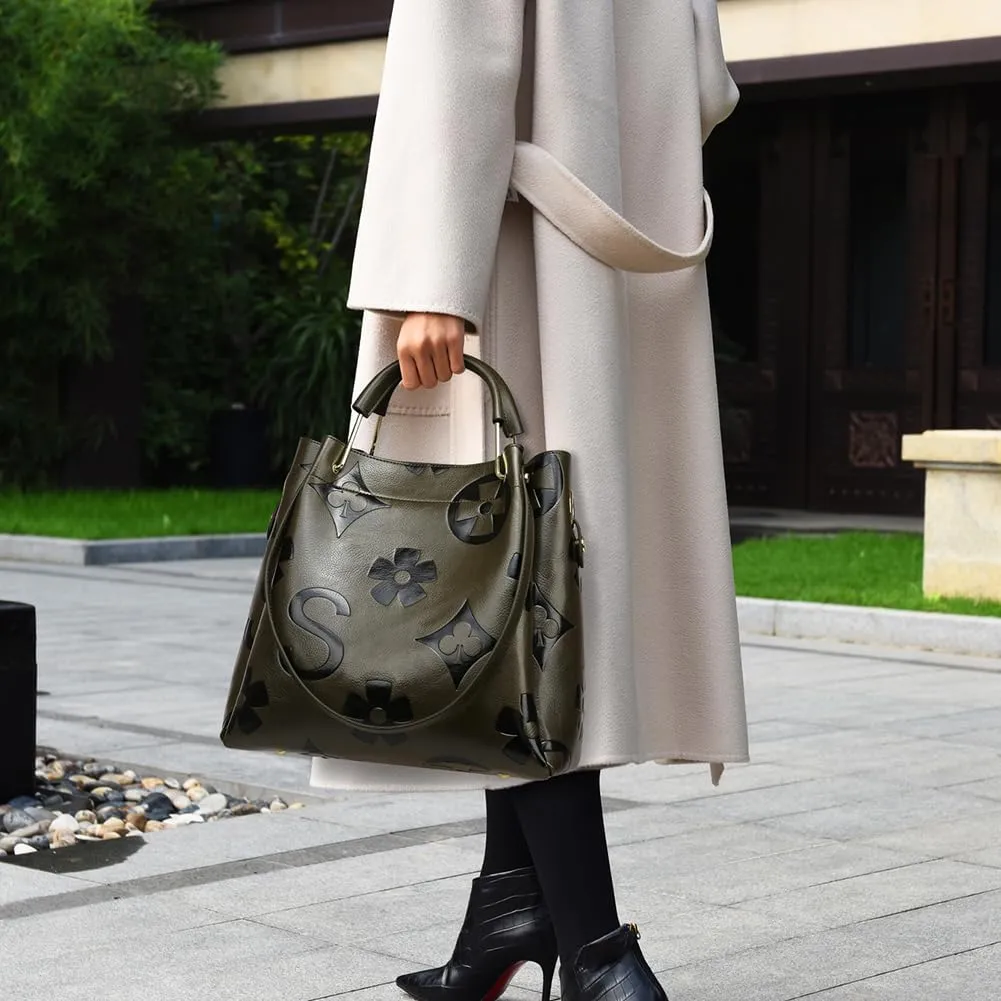 Bucket Bag for Women,Floral Embossed Tote Bag Trendy Vintage Crossbody Bag Large Vegan Leather Hobo Shoulder Handbag