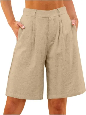 Cotton Linen Womens Bermuda Shorts Dressy Wide Leg Summer Shorts Pleated High Waisted Baggy Knee Length Short Pants