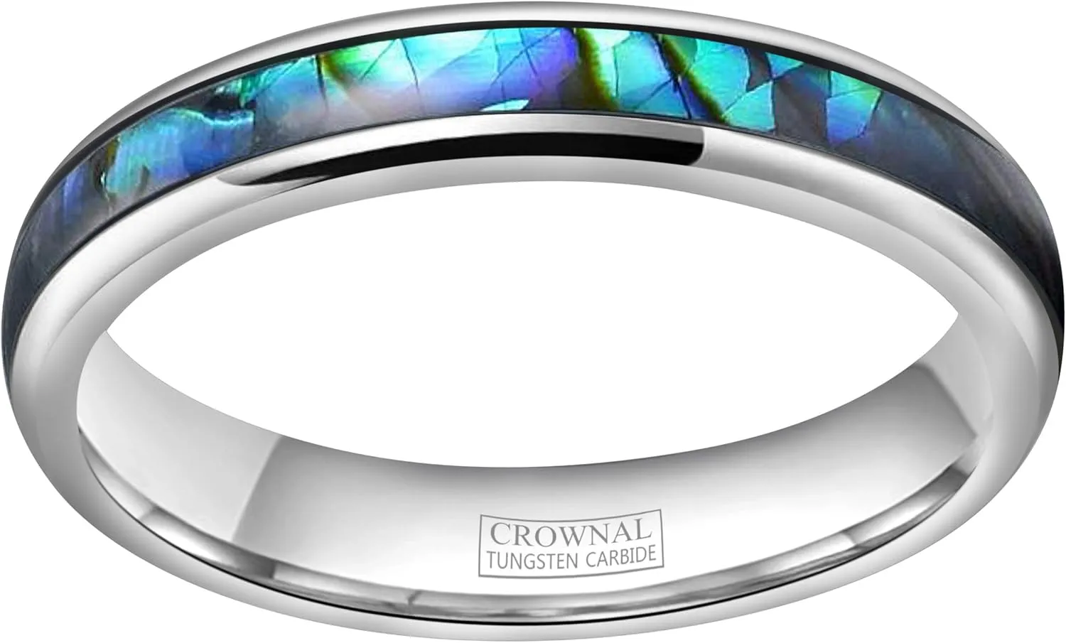 CROWNAL 4mm Abalone Shell/Turquoise Granules Inlay Tungsten Wedding Band Ring Black Silver Men Women Domed Polished Comfort Fit Size 4 To 11