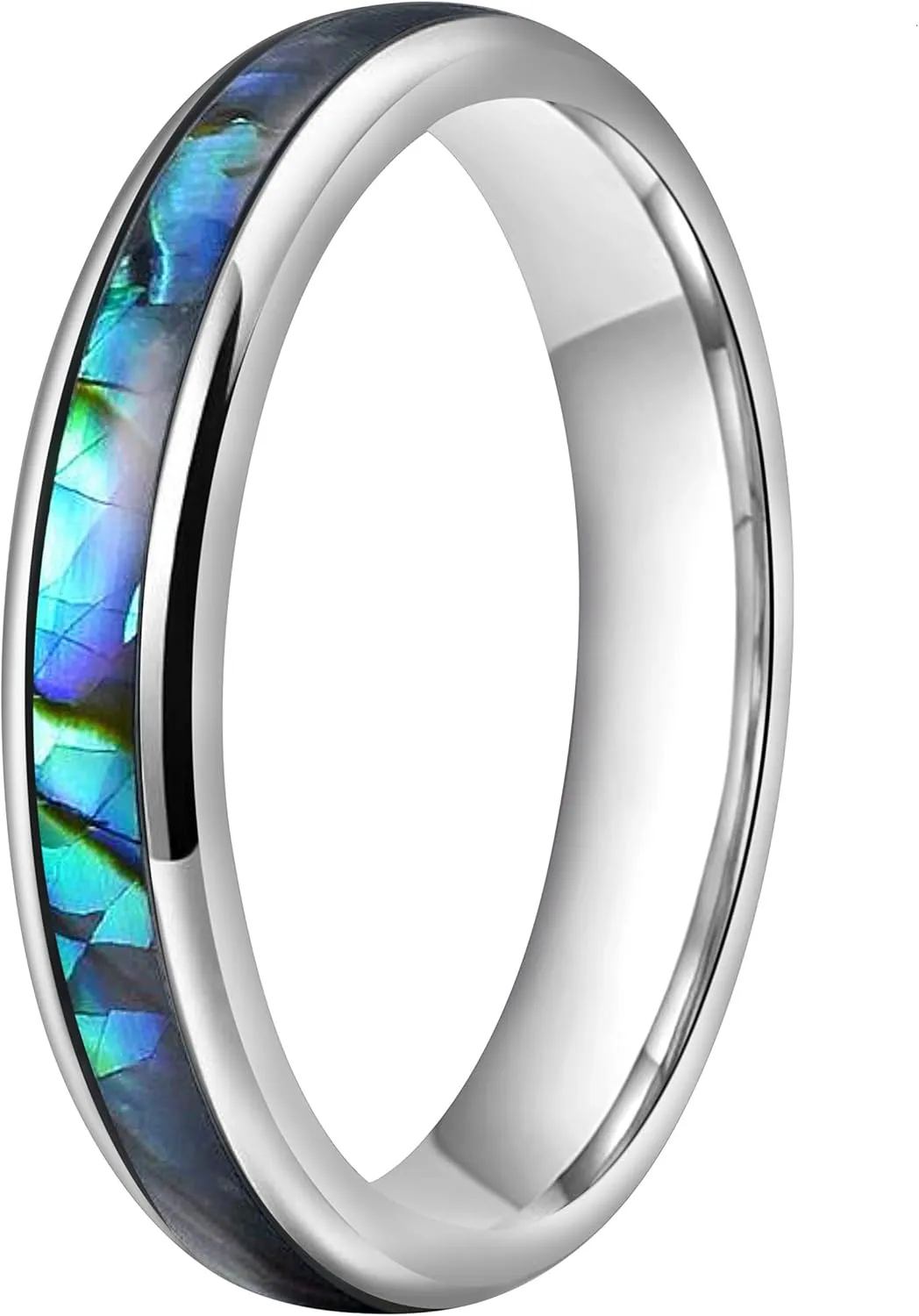 CROWNAL 4mm Abalone Shell/Turquoise Granules Inlay Tungsten Wedding Band Ring Black Silver Men Women Domed Polished Comfort Fit Size 4 To 11