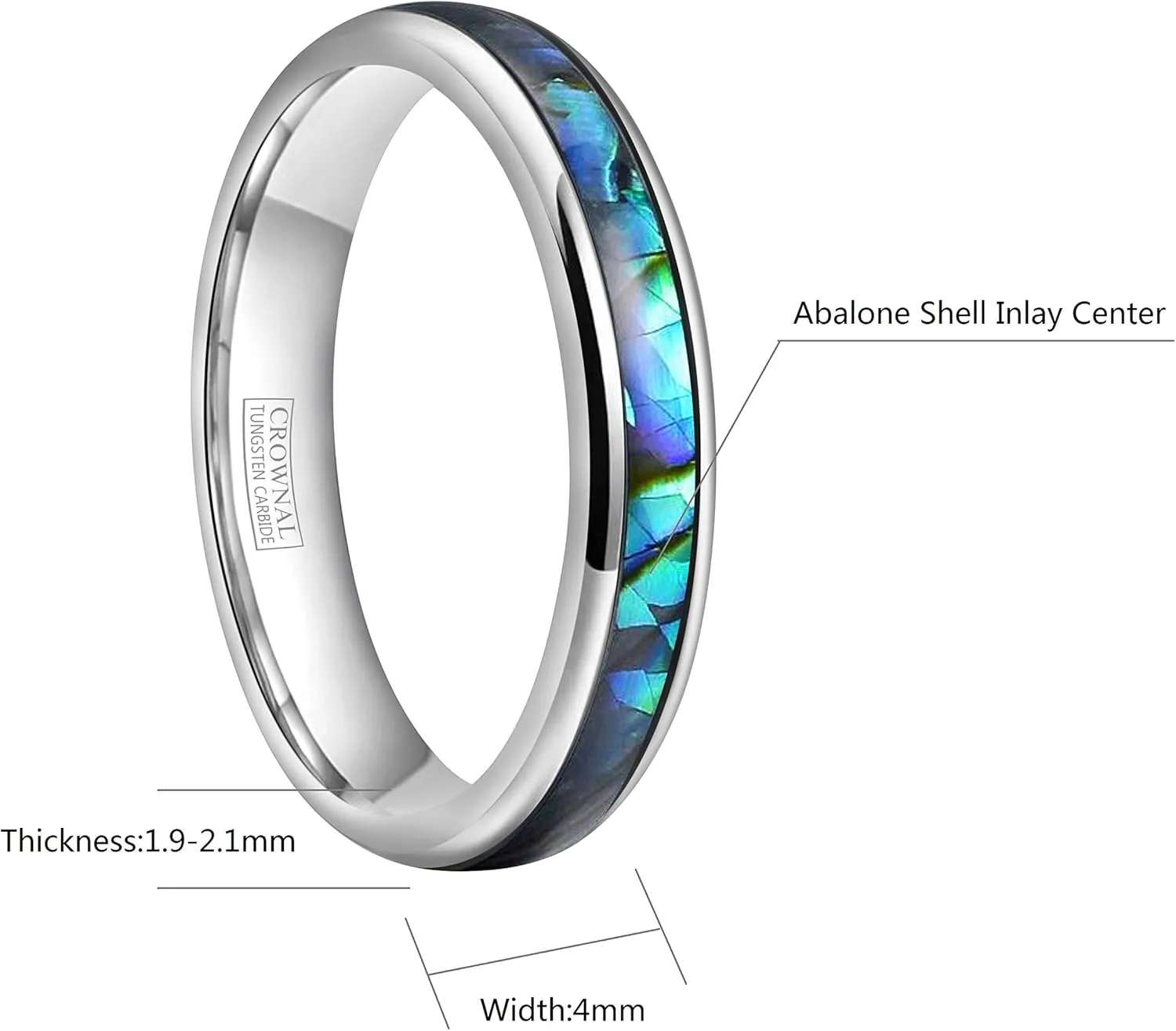 CROWNAL 4mm Abalone Shell/Turquoise Granules Inlay Tungsten Wedding Band Ring Black Silver Men Women Domed Polished Comfort Fit Size 4 To 11
