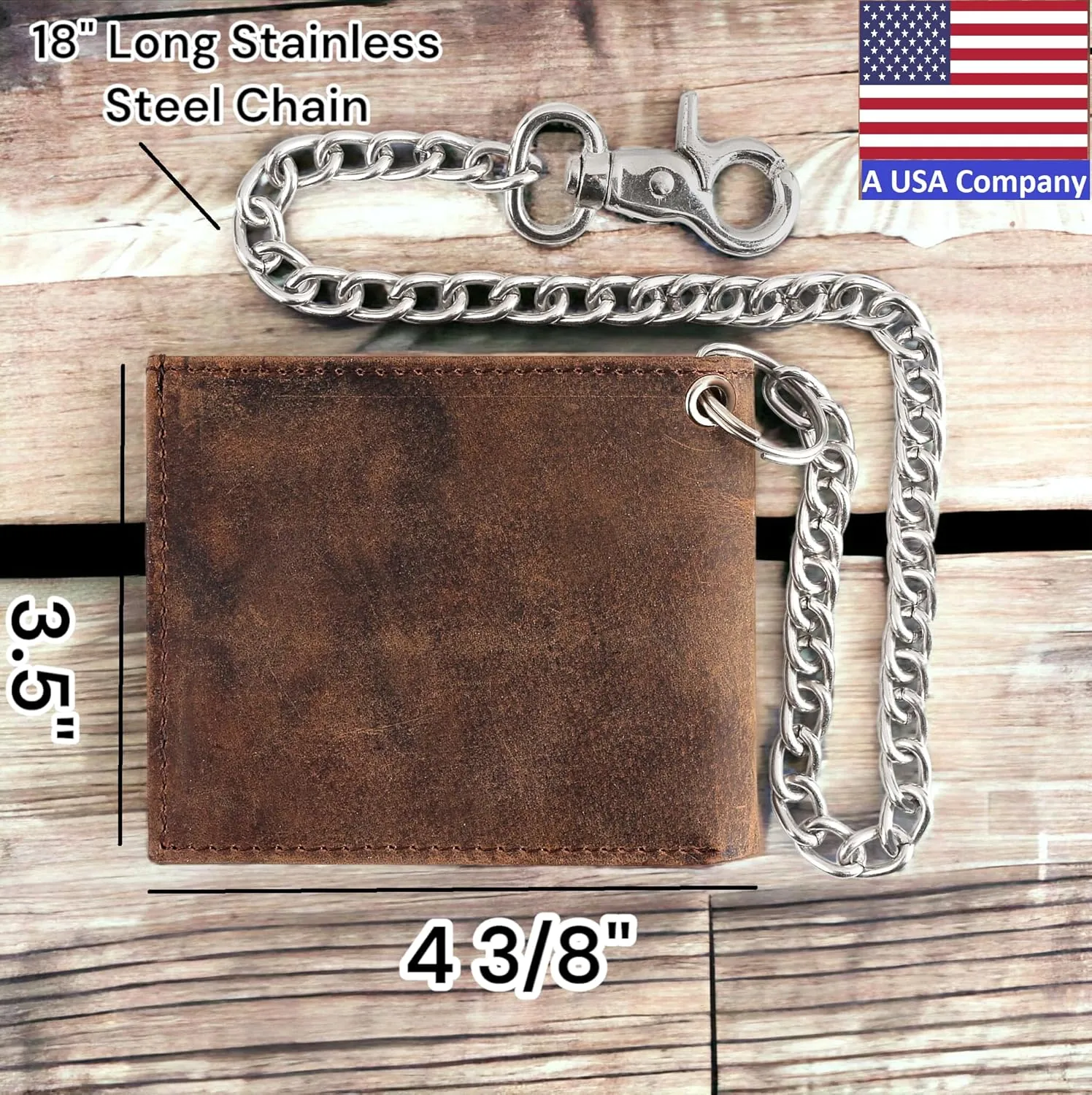 F&L CLASSIC RFID Blocking Mens bi-fold Style Cowhide Leather Steel Chain Wallet, brown vintage leather