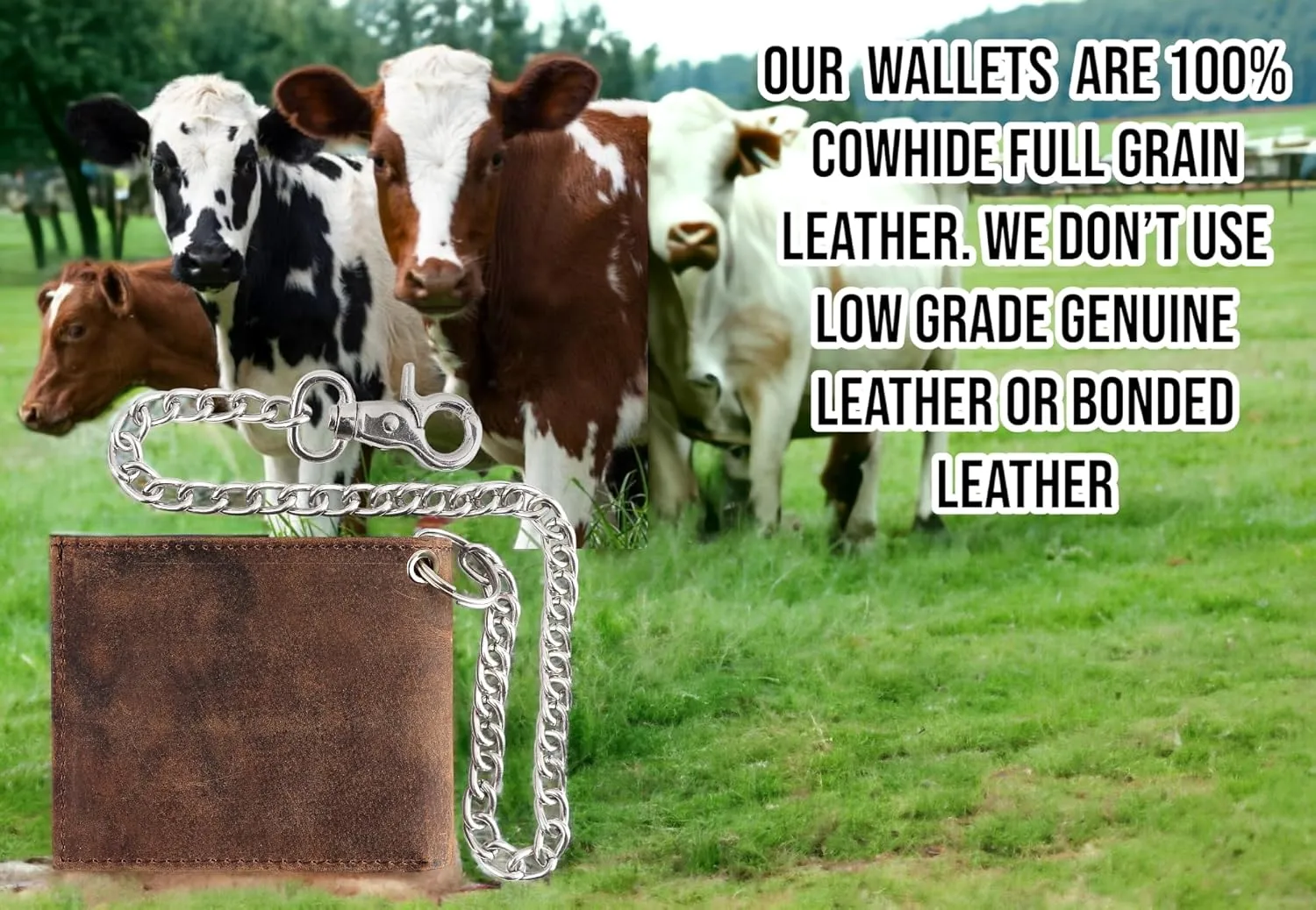 F&L CLASSIC RFID Blocking Mens bi-fold Style Cowhide Leather Steel Chain Wallet, brown vintage leather