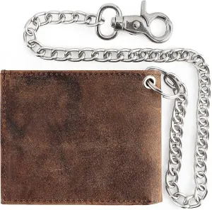 F&L CLASSIC RFID Blocking Mens bi-fold Style Cowhide Leather Steel Chain Wallet, brown vintage leather