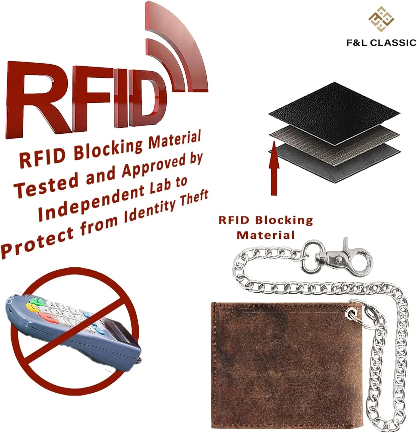 F&L CLASSIC RFID Blocking Mens bi-fold Style Cowhide Leather Steel Chain Wallet, brown vintage leather