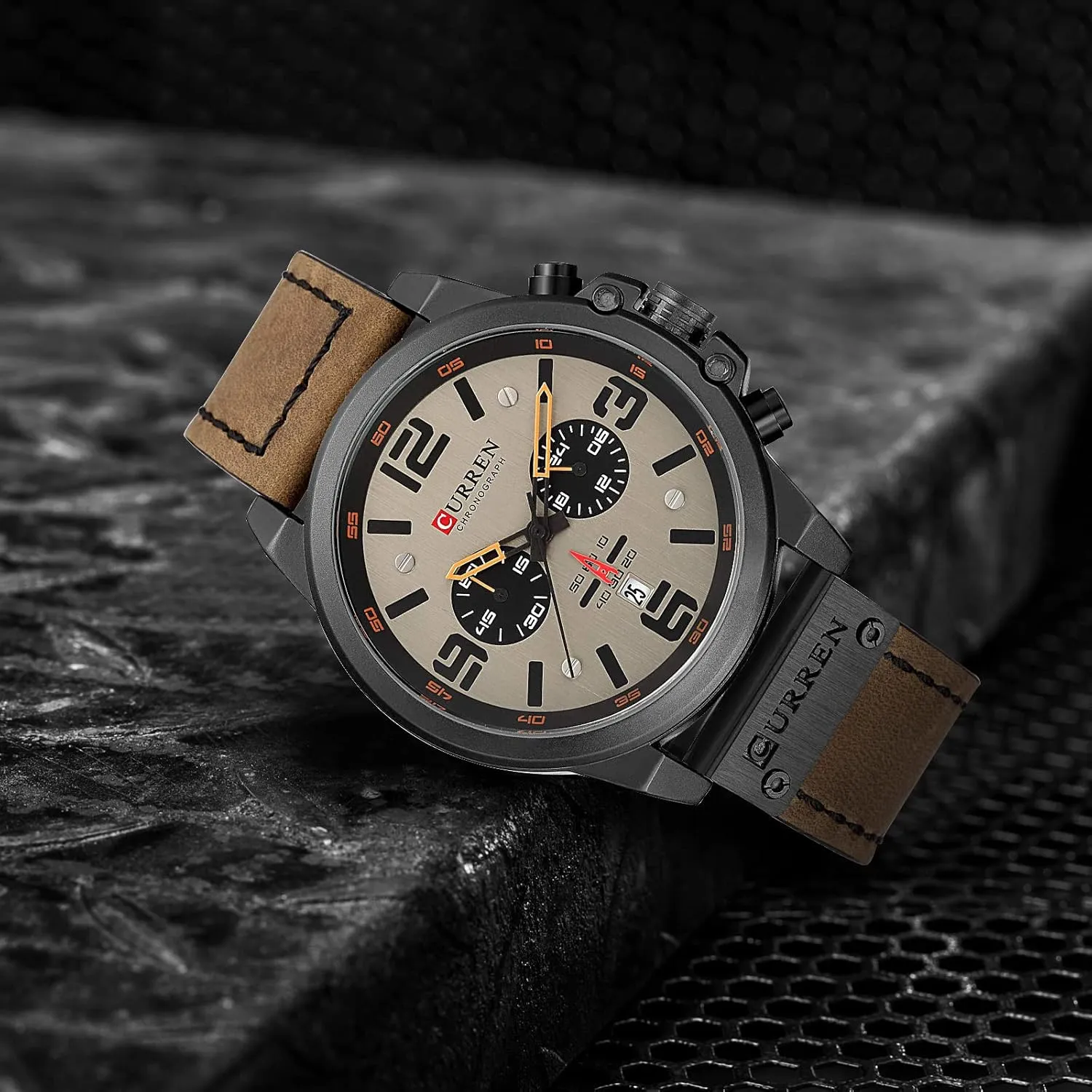 FANMIS Mens Sport Military Analog Quartz Watch Classic Chronograph Sandwich Dial Business Dress Waterproof Watch Multifunctional Wristwatch with Leather Strap