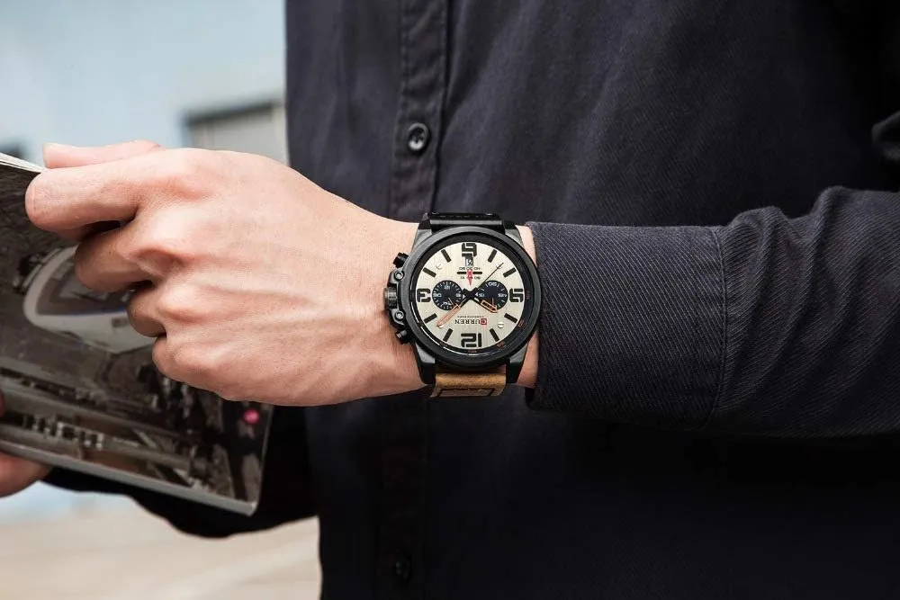 FANMIS Mens Sport Military Analog Quartz Watch Classic Chronograph Sandwich Dial Business Dress Waterproof Watch Multifunctional Wristwatch with Leather Strap