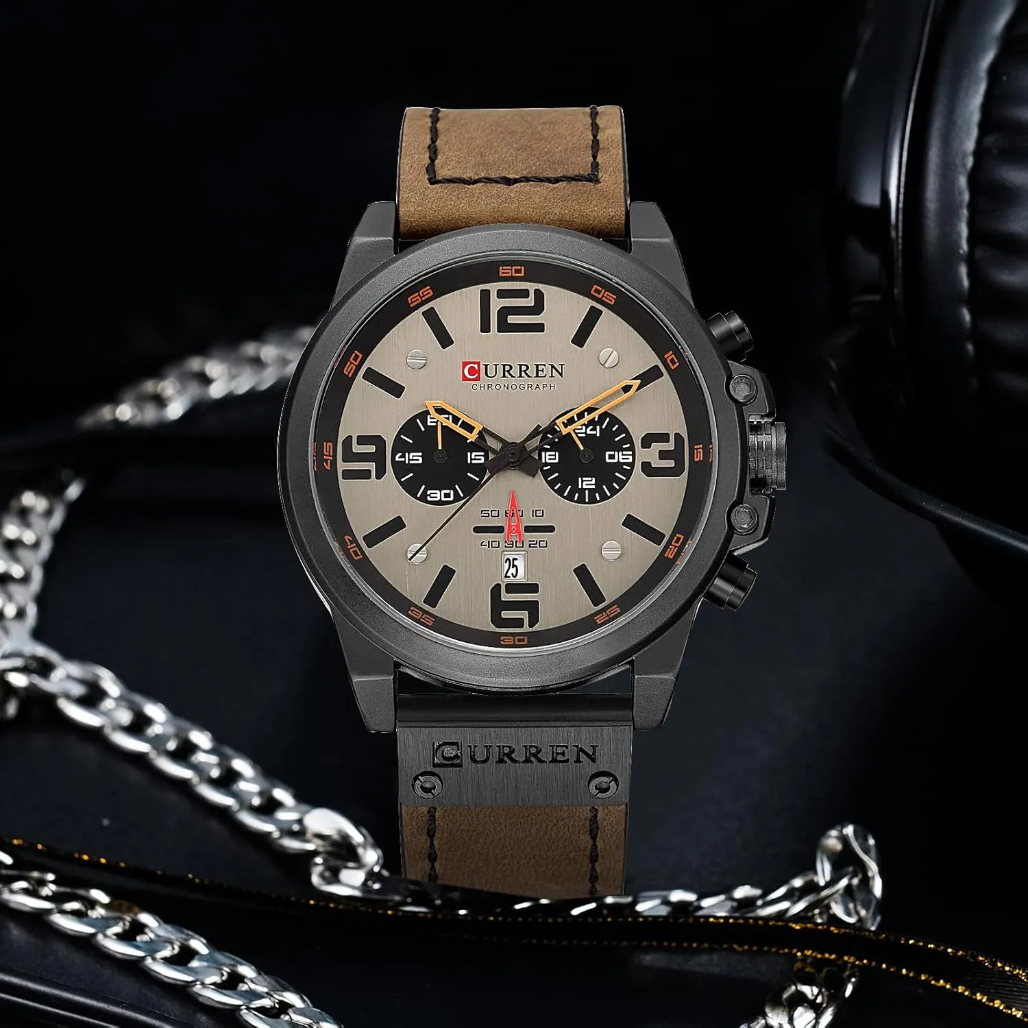 FANMIS Mens Sport Military Analog Quartz Watch Classic Chronograph Sandwich Dial Business Dress Waterproof Watch Multifunctional Wristwatch with Leather Strap