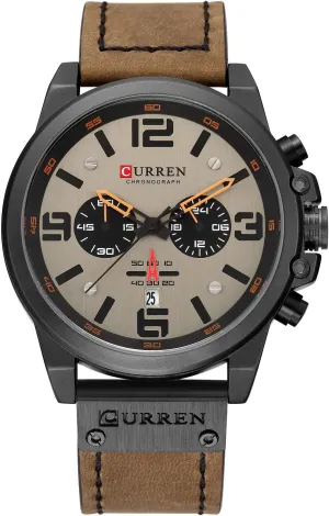 FANMIS Mens Sport Military Analog Quartz Watch Classic Chronograph Sandwich Dial Business Dress Waterproof Watch Multifunctional Wristwatch with Leather Strap
