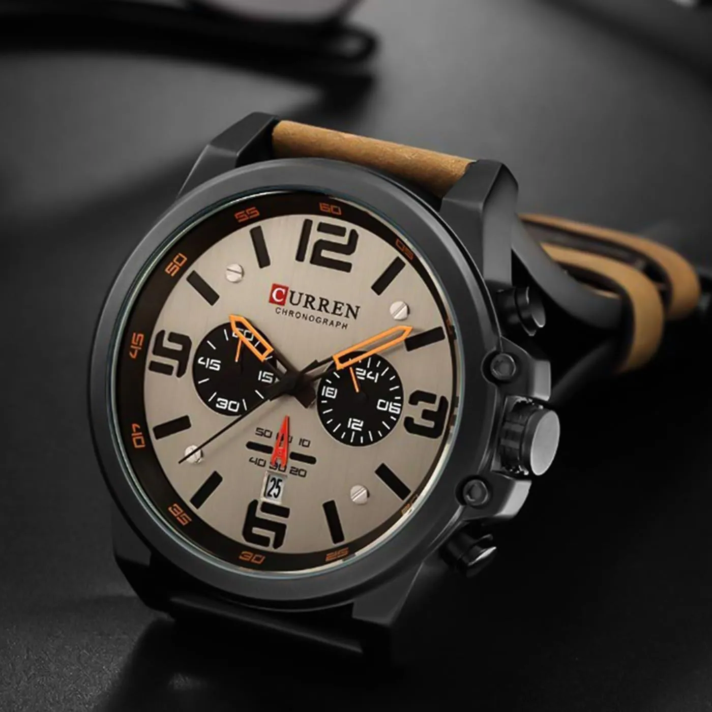 FANMIS Mens Sport Military Analog Quartz Watch Classic Chronograph Sandwich Dial Business Dress Waterproof Watch Multifunctional Wristwatch with Leather Strap