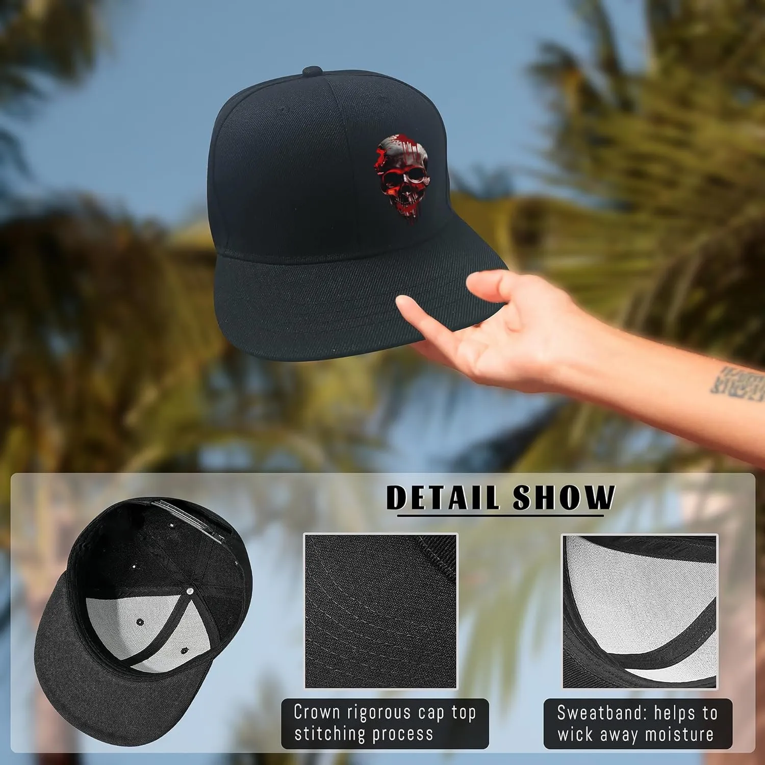 Horror Grim Reaper Scythe Hats Flat Bill Snap Back Hats for Men Flat Brim Black Baseball Cap Devil Skull Finger Snapback