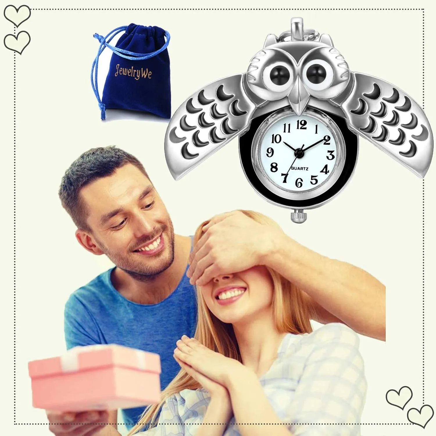 JewelryWe Vintage Owl Pocket Watch Steampunk Novelty Locket Quartz Pendant Necklace Watches with 31.5 Inch Chain
