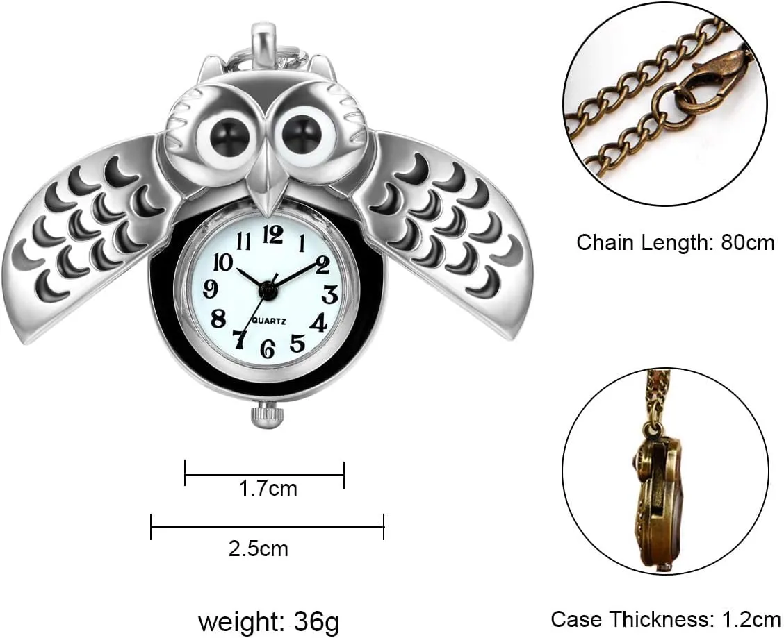 JewelryWe Vintage Owl Pocket Watch Steampunk Novelty Locket Quartz Pendant Necklace Watches with 31.5 Inch Chain