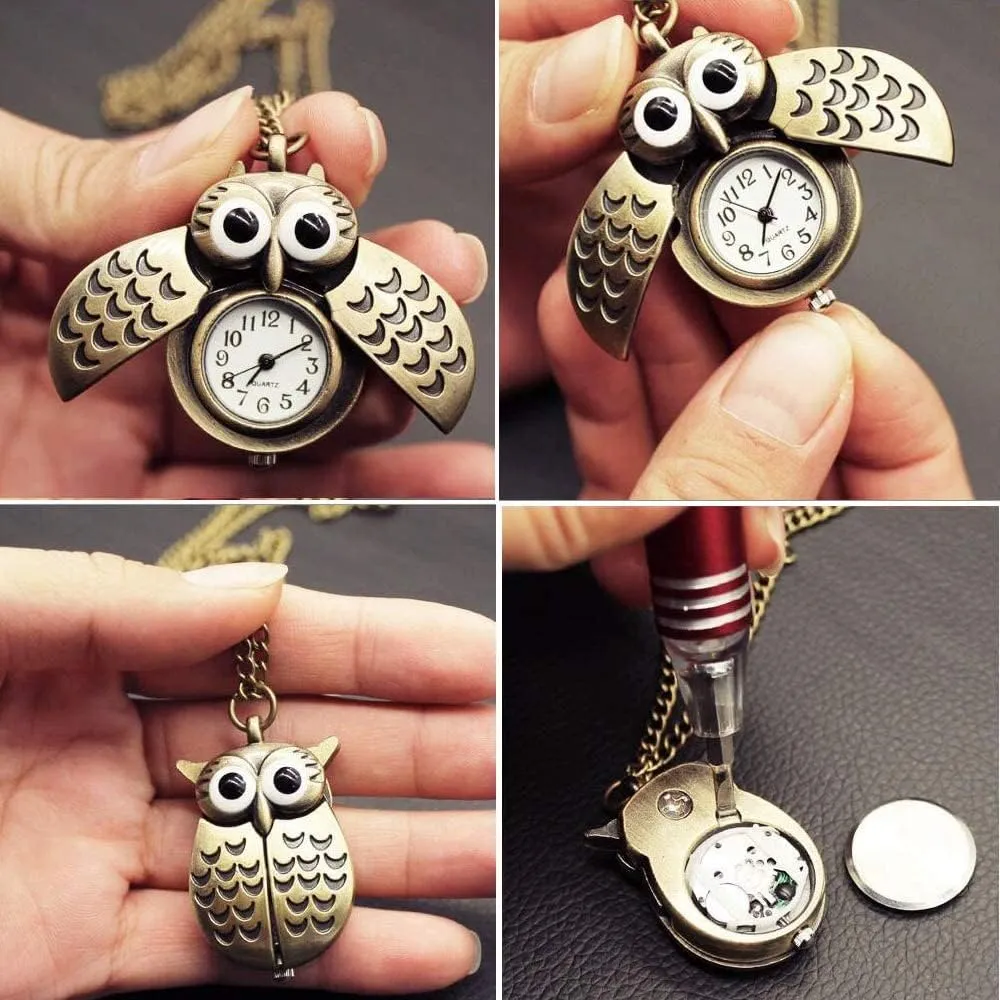 JewelryWe Vintage Owl Pocket Watch Steampunk Novelty Locket Quartz Pendant Necklace Watches with 31.5 Inch Chain