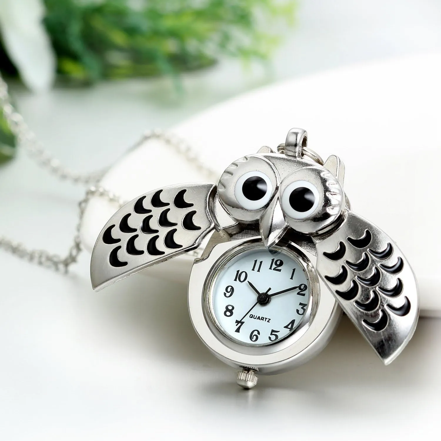 JewelryWe Vintage Owl Pocket Watch Steampunk Novelty Locket Quartz Pendant Necklace Watches with 31.5 Inch Chain