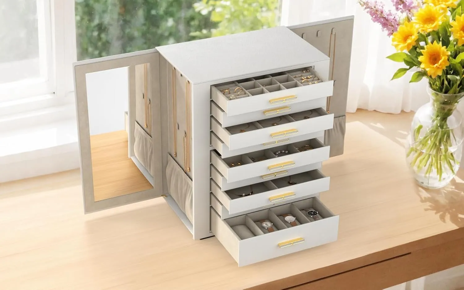 Large Jewelry Box, 9-Layer Jewelry Organizer with Mirror, Jewelry Boxes & Organizers, for Earrings, Rings, Necklaces, Bracelets, Watches- Ideal Gift for Women (White, Model C907WE)
