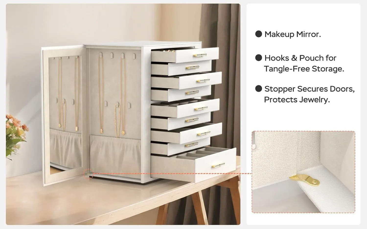 Large Jewelry Box, 9-Layer Jewelry Organizer with Mirror, Jewelry Boxes & Organizers, for Earrings, Rings, Necklaces, Bracelets, Watches- Ideal Gift for Women (White, Model C907WE)