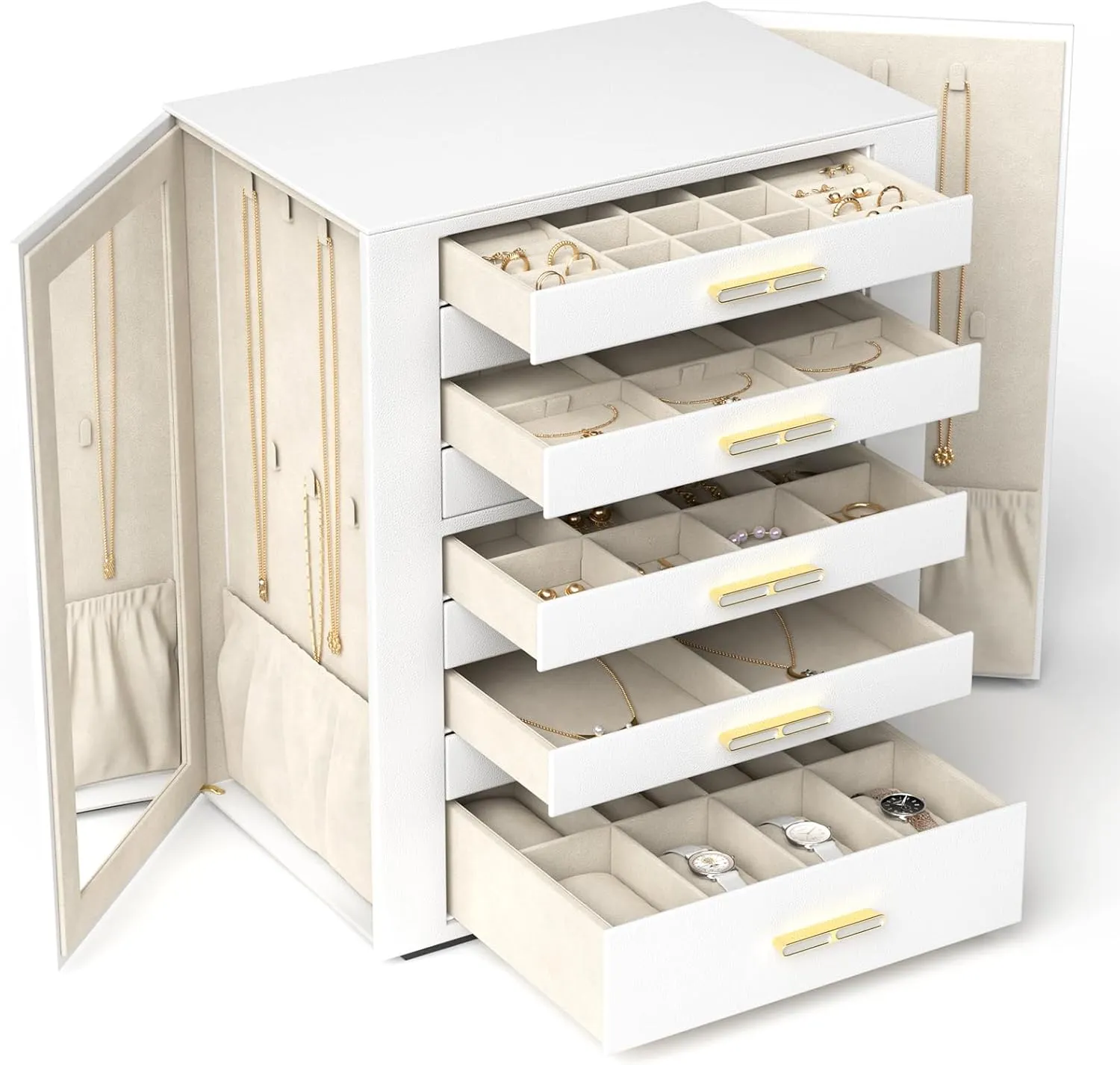 Large Jewelry Box, 9-Layer Jewelry Organizer with Mirror, Jewelry Boxes & Organizers, for Earrings, Rings, Necklaces, Bracelets, Watches- Ideal Gift for Women (White, Model C907WE)