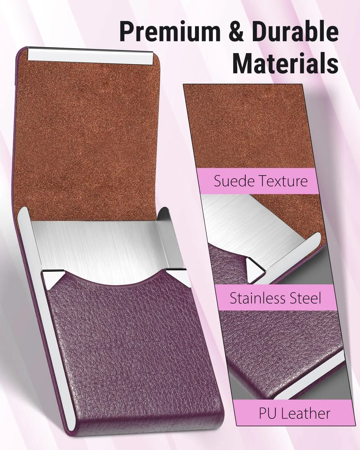 MaxGear Business Card Holder, PU Leather & Stainless Steel Business Card Case for Men or Women, Slim Name Cards Holder RFID Blocking Credit Cards Carrier with Magnetic Closure, Purple