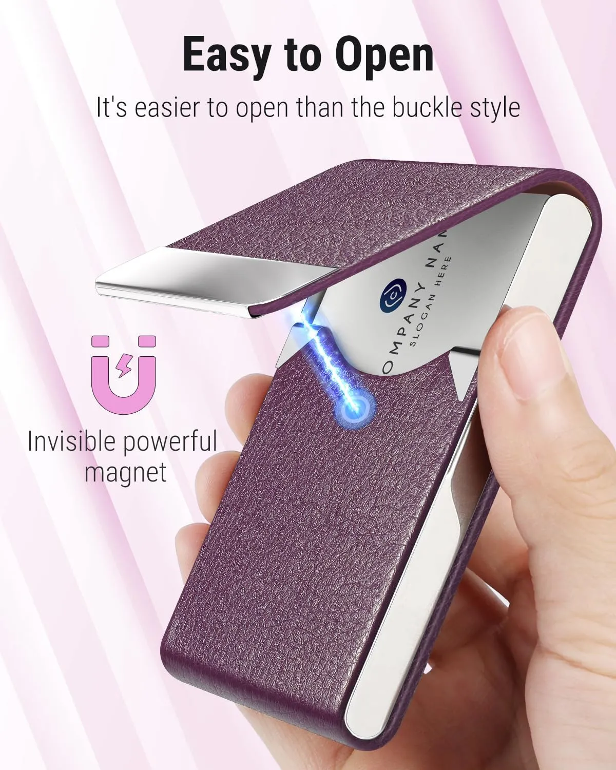 MaxGear Business Card Holder, PU Leather & Stainless Steel Business Card Case for Men or Women, Slim Name Cards Holder RFID Blocking Credit Cards Carrier with Magnetic Closure, Purple