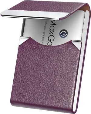 MaxGear Business Card Holder, PU Leather & Stainless Steel Business Card Case for Men or Women, Slim Name Cards Holder RFID Blocking Credit Cards Carrier with Magnetic Closure, Purple