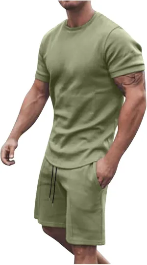 Mens Casual 2 Piece Outfits Summer Fashion Gradient Color Short Sleeve Athletic Shirt and Drawstring Shorts Sweatsuit