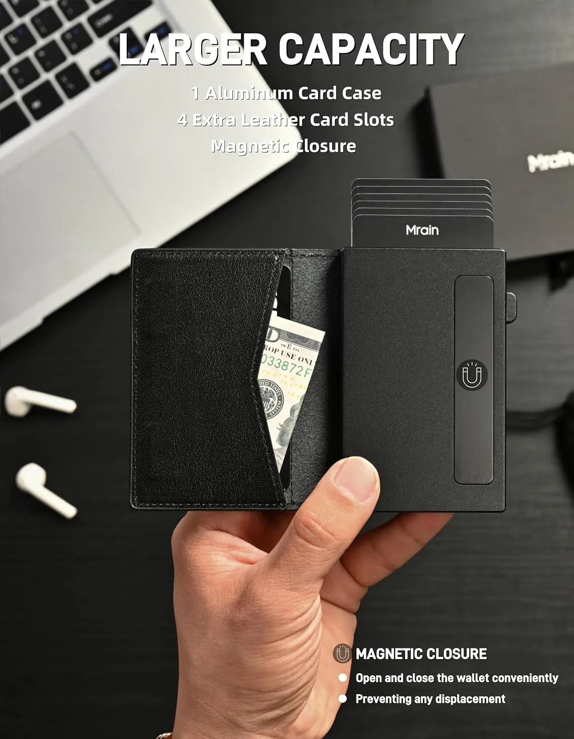 Men's Slim Premium Leather Wallet Pop Up Card Holder RFID Blocking Metal Wallet with Push Button Minimalist Design for Credit Card Holder Magnetic Closure (Black)