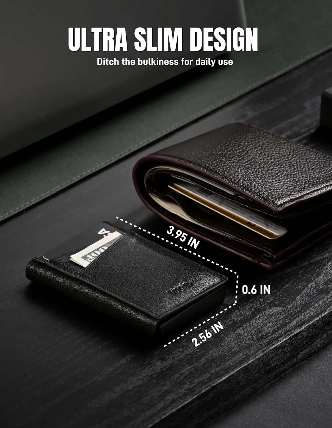 Men's Slim Premium Leather Wallet Pop Up Card Holder RFID Blocking Metal Wallet with Push Button Minimalist Design for Credit Card Holder Magnetic Closure (Black)