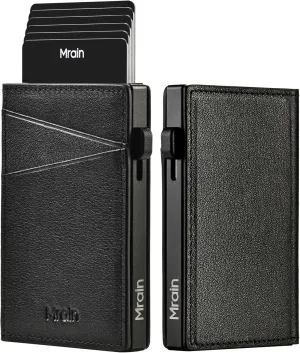 Men's Slim Premium Leather Wallet Pop Up Card Holder RFID Blocking Metal Wallet with Push Button Minimalist Design for Credit Card Holder Magnetic Closure (Black)