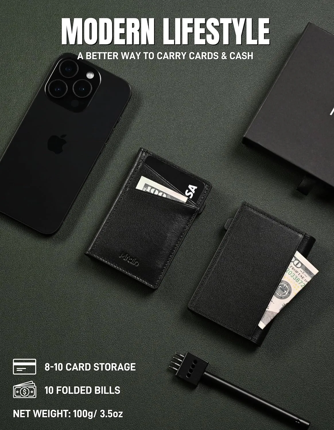 Men's Slim Premium Leather Wallet Pop Up Card Holder RFID Blocking Metal Wallet with Push Button Minimalist Design for Credit Card Holder Magnetic Closure (Black)
