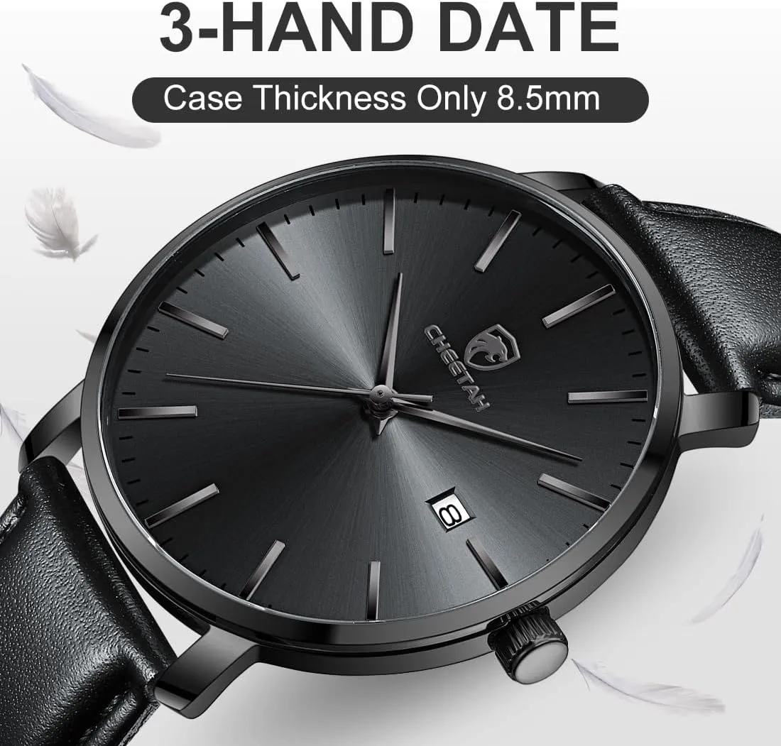 Minimalist Waterproof Quartz Watches for Men with Leather Strap, Auto Date