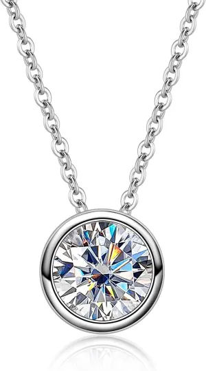 Moissanite 0.5-3ct Necklaces 18K White Gold Plated 925 Sterling Silver Bezel Set Round Cut D Color VVS1 Lab Created Diamond Solitaire Pendant Necklace for Women Men GRA Certified