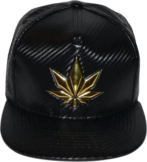 Popfizzy Weed Hat, Gold Leaf Flat Brim Hat, Marijuana Snapback Trucker Cap, PU Leather Pot Leaf Baseball Caps