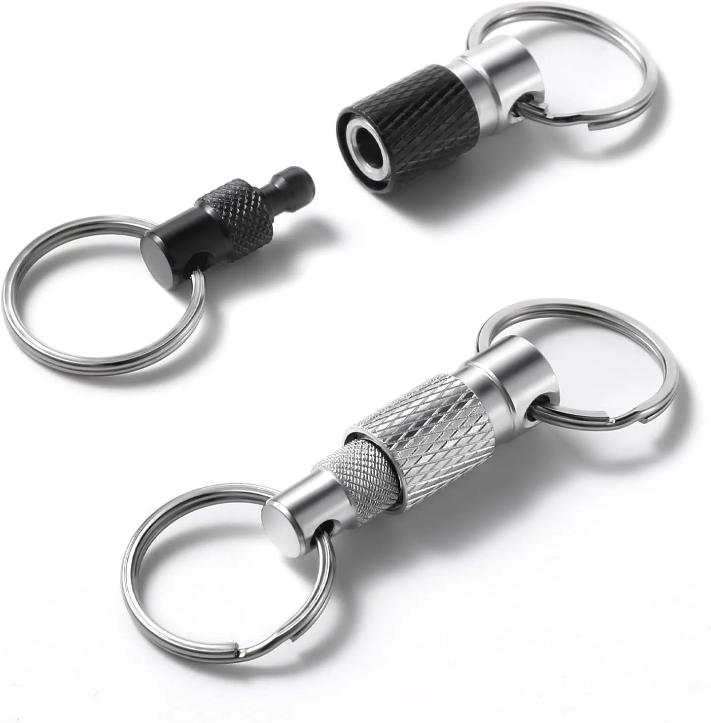 Quick Release Keychain for Men, Detachable Key Ring Quick Release, Quick Pull Apart Keyring with 2 Split Rings, Metal Safety Keychain for Car Purse Bag Accessories (Black Silver, 2Pack)
