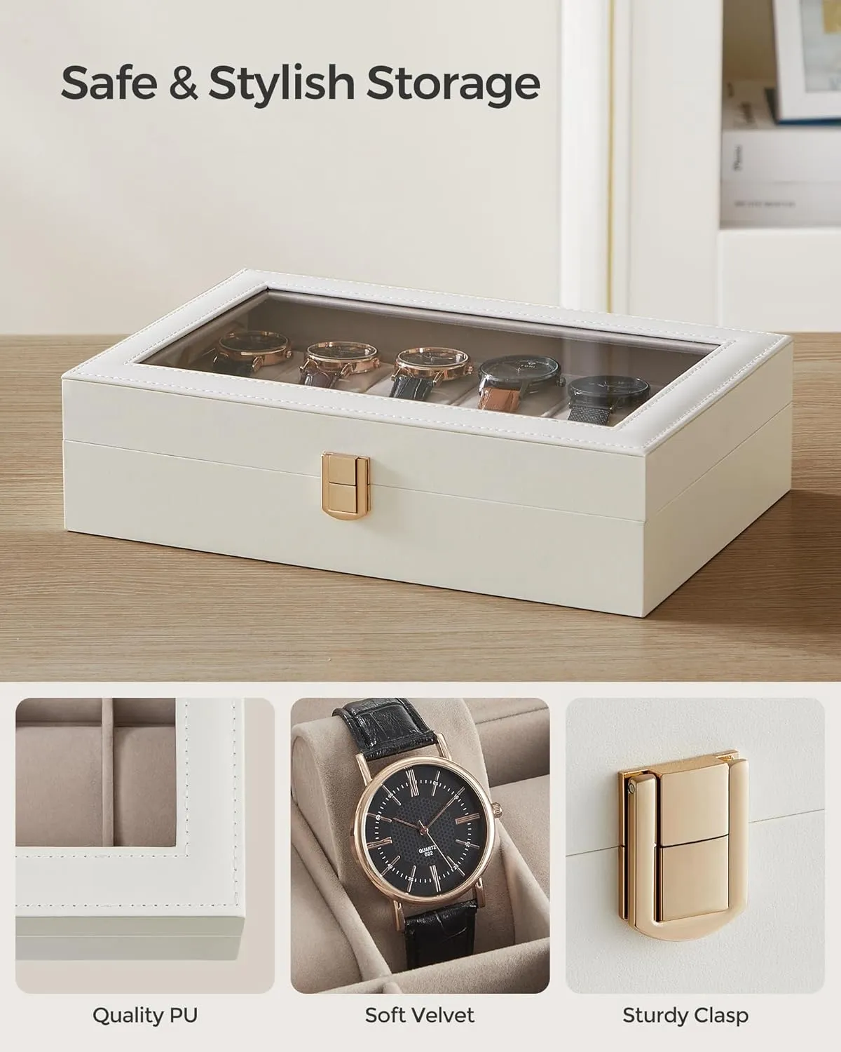 SONGMICS Watch Box, 12-Slot Watch Case with Large Glass Lid, Removable Watch Pillows, Watch Box Organizer, Gift for Loved Ones, Cloud White Synthetic Leather, Cappuccino Beige Lining UJWB120W01