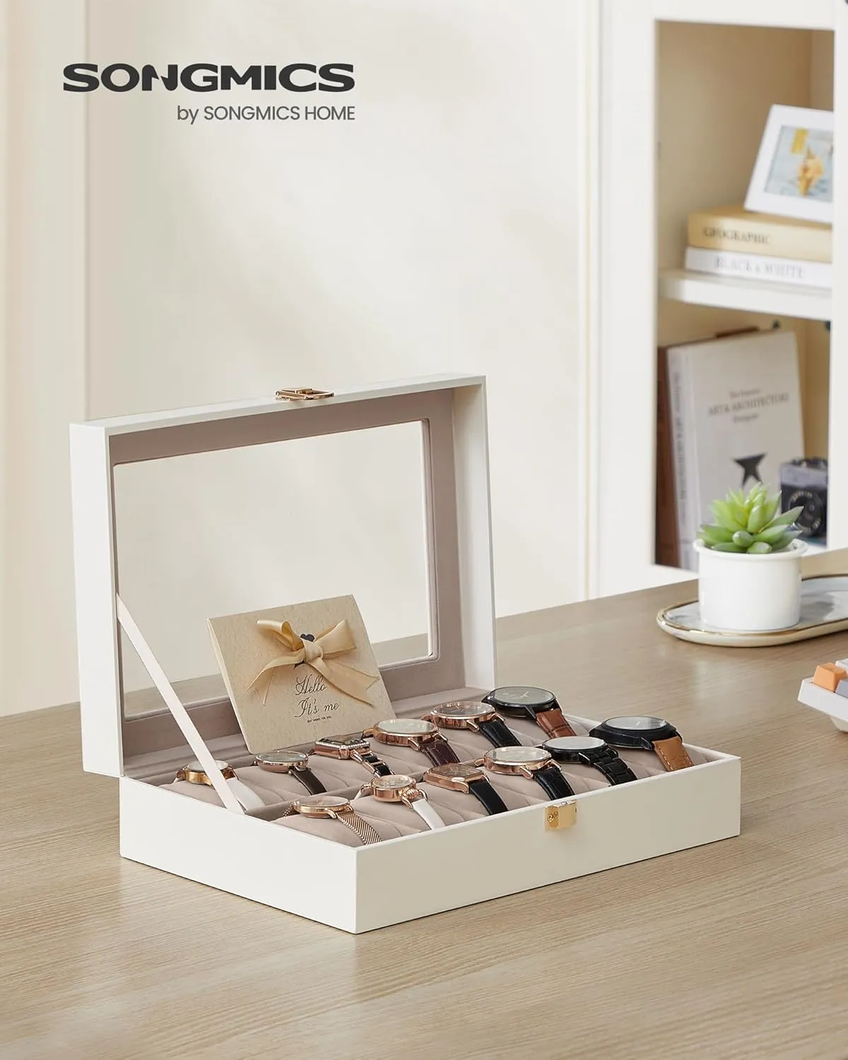 SONGMICS Watch Box, 12-Slot Watch Case with Large Glass Lid, Removable Watch Pillows, Watch Box Organizer, Gift for Loved Ones, Cloud White Synthetic Leather, Cappuccino Beige Lining UJWB120W01