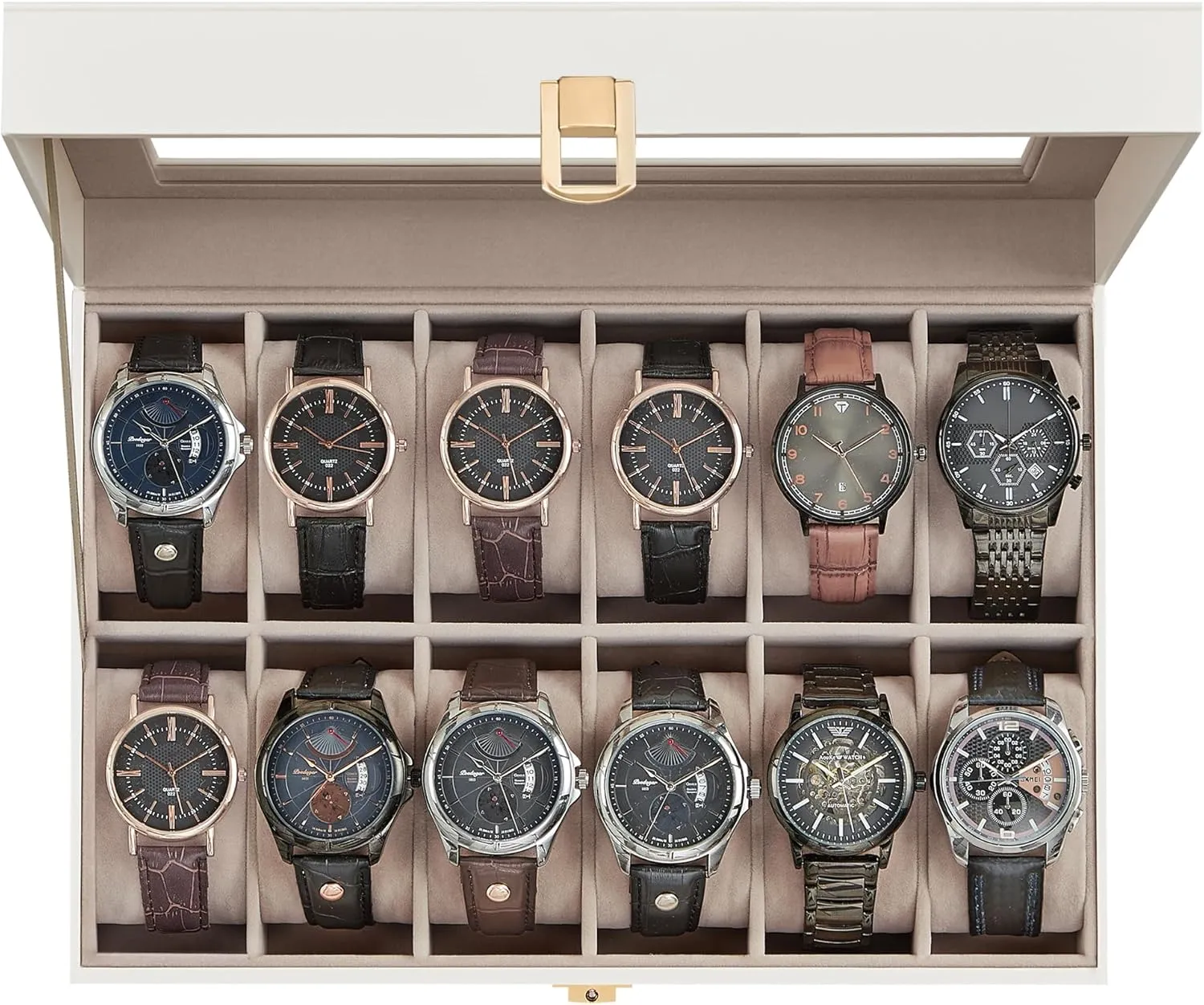 SONGMICS Watch Box, 12-Slot Watch Case with Large Glass Lid, Removable Watch Pillows, Watch Box Organizer, Gift for Loved Ones, Cloud White Synthetic Leather, Cappuccino Beige Lining UJWB120W01
