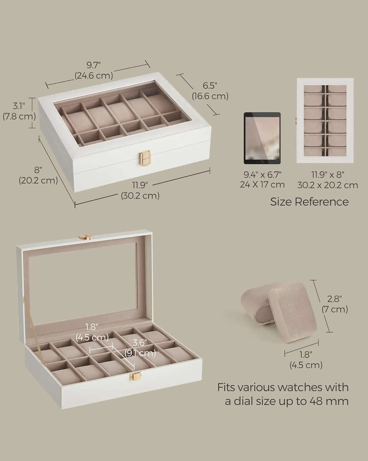 SONGMICS Watch Box, 12-Slot Watch Case with Large Glass Lid, Removable Watch Pillows, Watch Box Organizer, Gift for Loved Ones, Cloud White Synthetic Leather, Cappuccino Beige Lining UJWB120W01