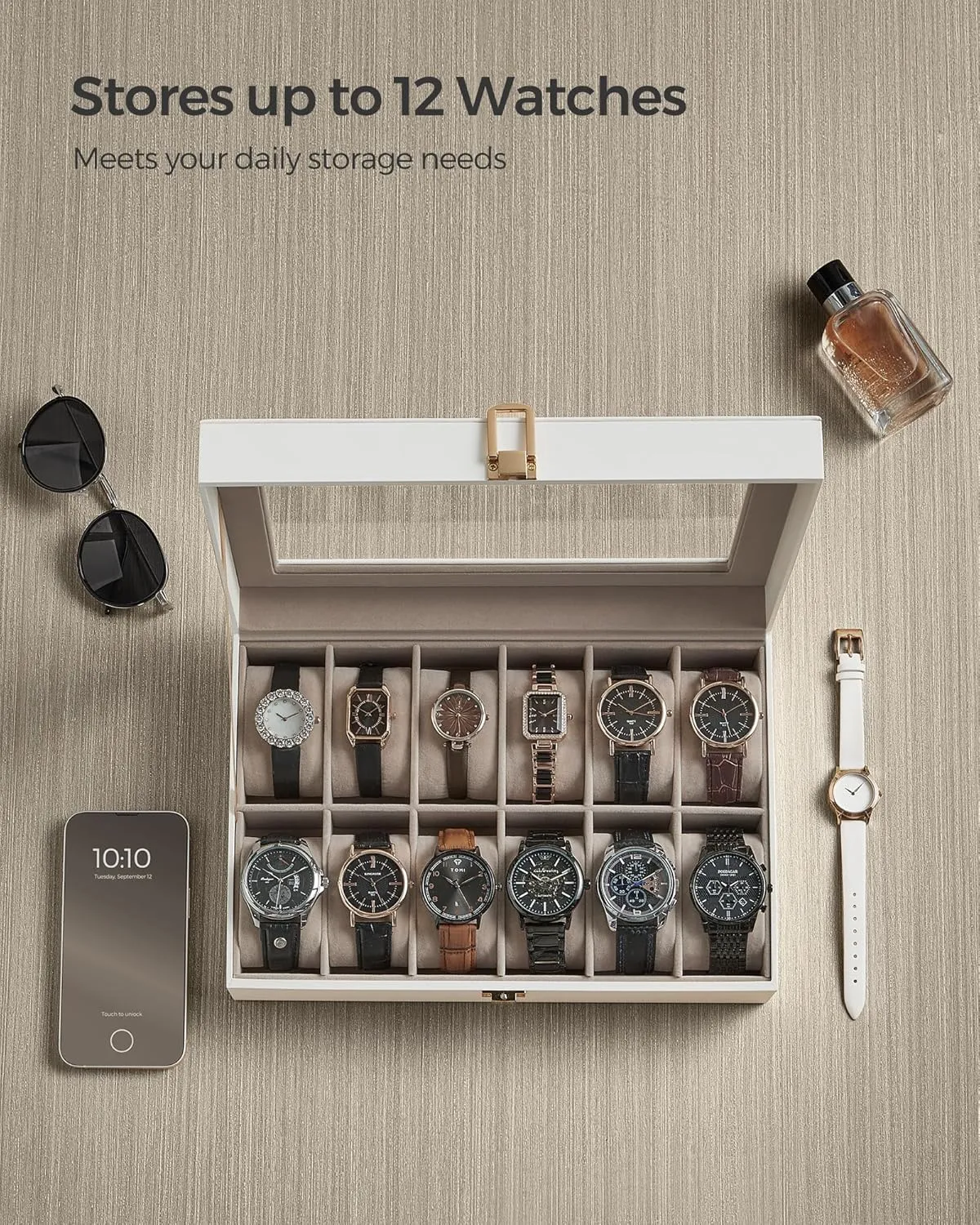 SONGMICS Watch Box, 12-Slot Watch Case with Large Glass Lid, Removable Watch Pillows, Watch Box Organizer, Gift for Loved Ones, Cloud White Synthetic Leather, Cappuccino Beige Lining UJWB120W01