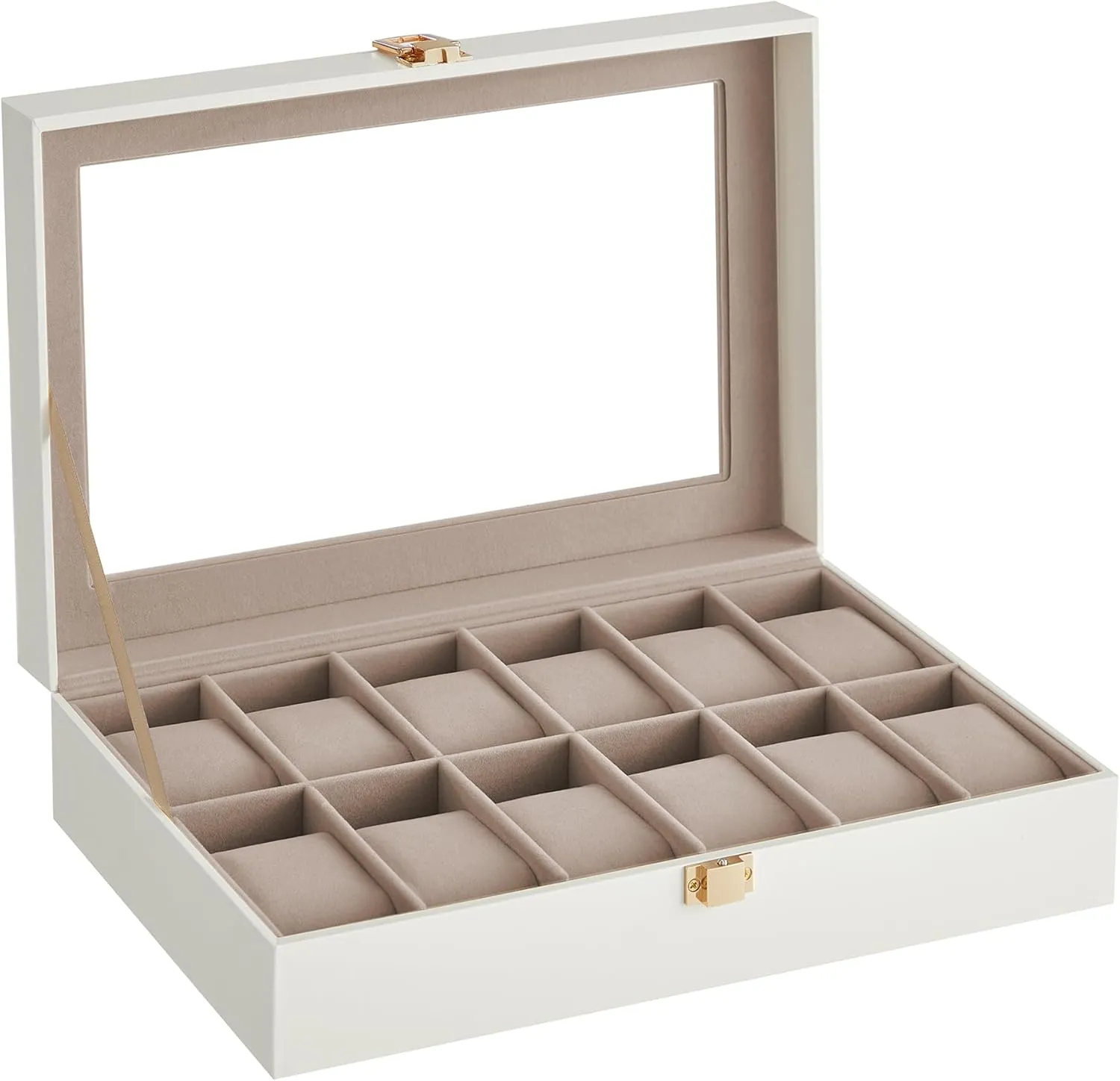 SONGMICS Watch Box, 12-Slot Watch Case with Large Glass Lid, Removable Watch Pillows, Watch Box Organizer, Gift for Loved Ones, Cloud White Synthetic Leather, Cappuccino Beige Lining UJWB120W01