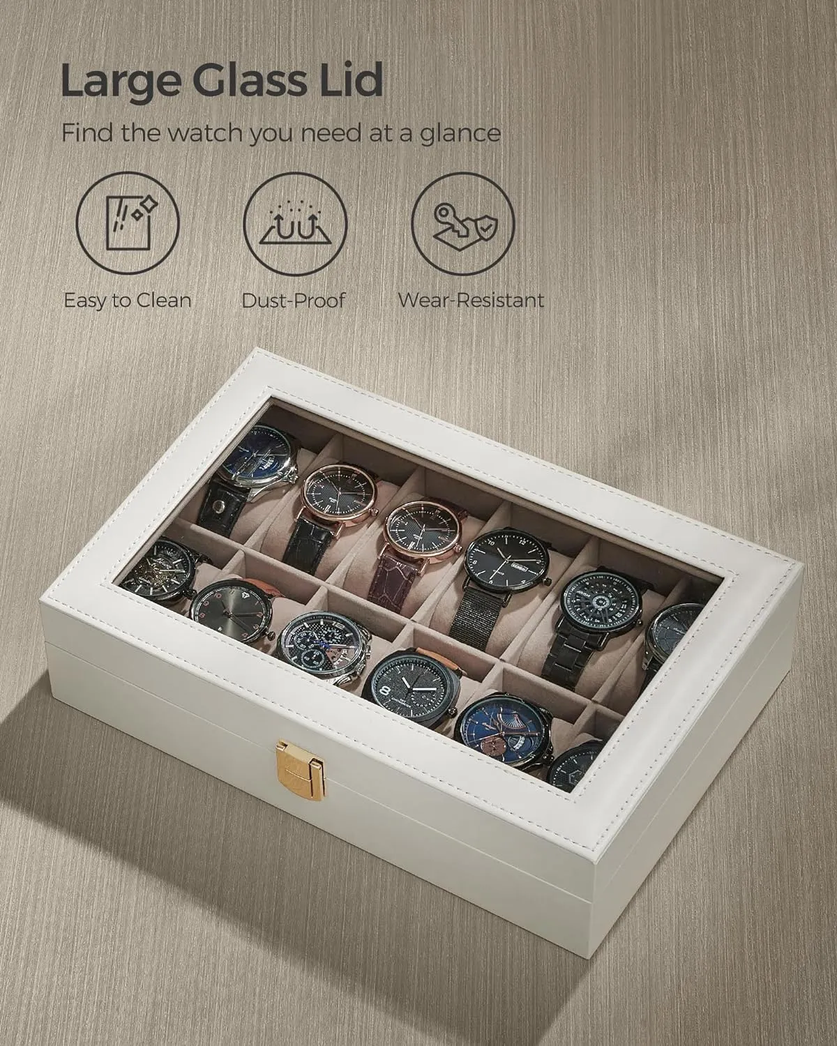 SONGMICS Watch Box, 12-Slot Watch Case with Large Glass Lid, Removable Watch Pillows, Watch Box Organizer, Gift for Loved Ones, Cloud White Synthetic Leather, Cappuccino Beige Lining UJWB120W01