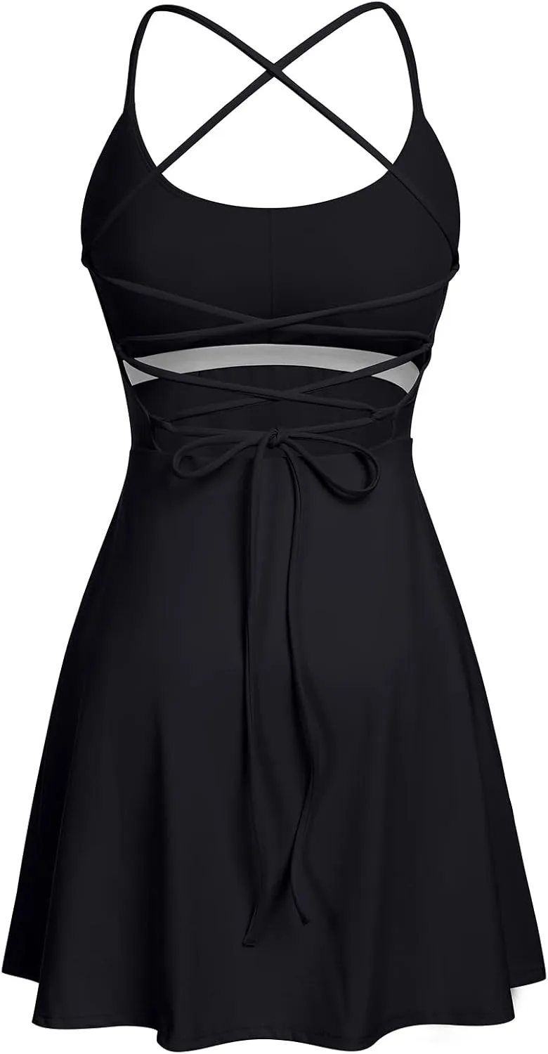 Tennis Dress for Women Backless Lace Up Workout Dress with Built-in Bras & Shorts Exercise Athletic Golf Dresses for Women