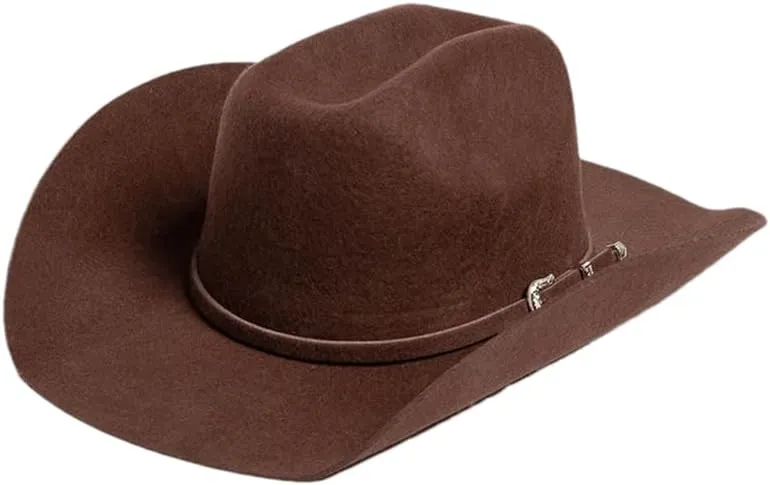 Women's Wool Shape Top Hat Belt Woolen Curling Wide Brim Fedora Hat Unisex Western Cowboy Cap Light Coffee 56-58cm